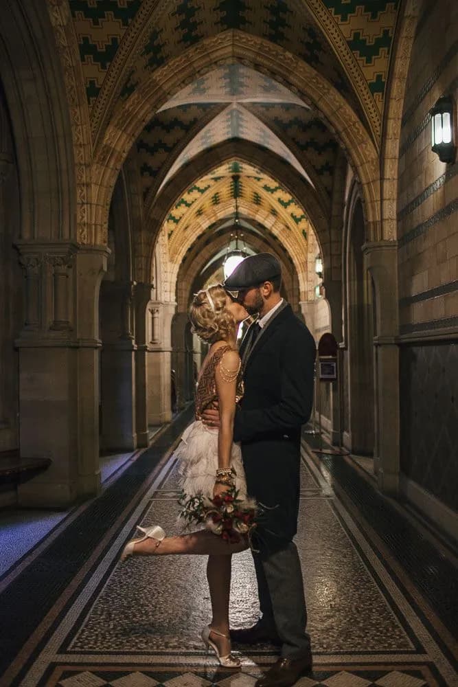 A cinematic 1920s wedding portrait